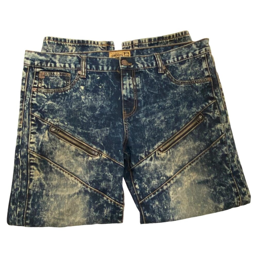 Grindhouse Acid Wash Mens Jeans Size 40 Streetwear Hip Hop Urban Zippers Pockets